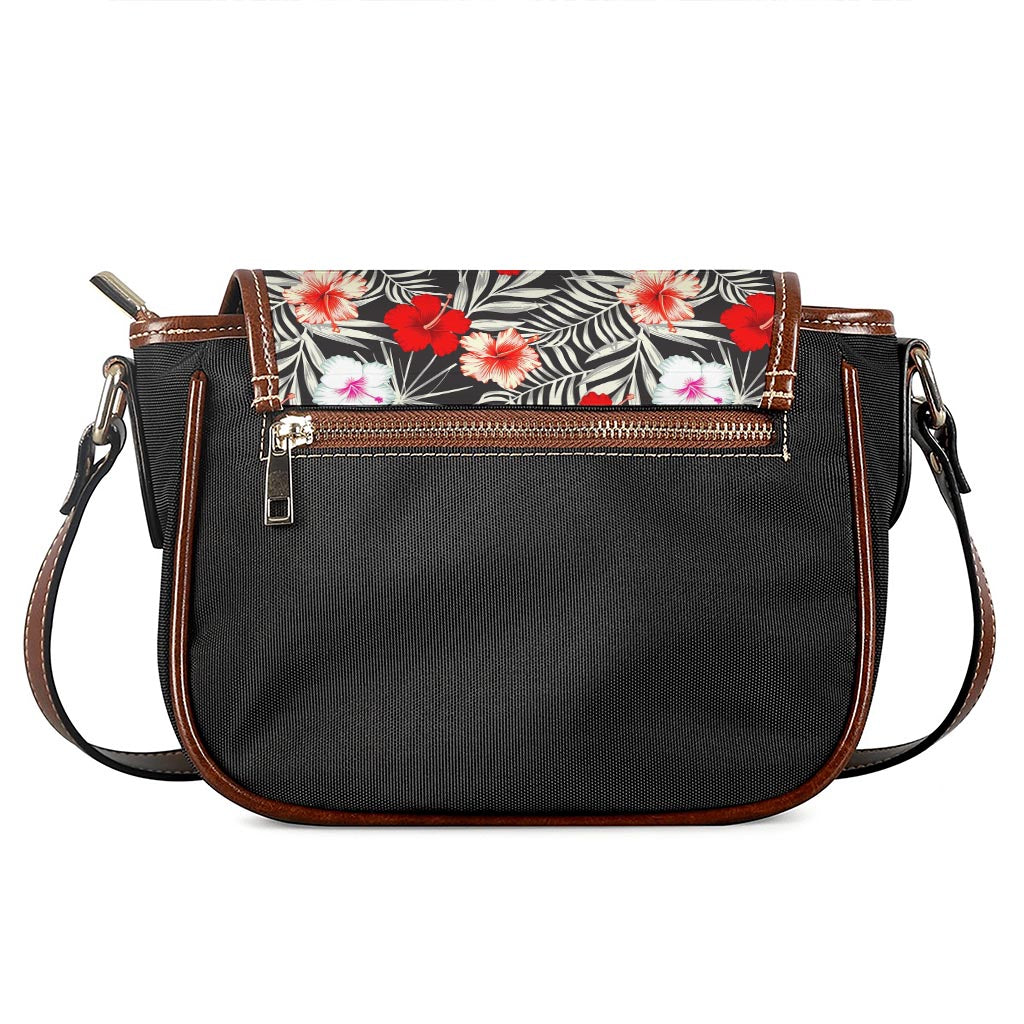 White Tropical Hibiscus Pattern Print Saddle Bag