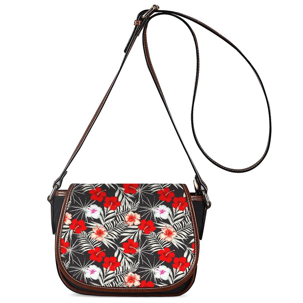White Tropical Hibiscus Pattern Print Saddle Bag