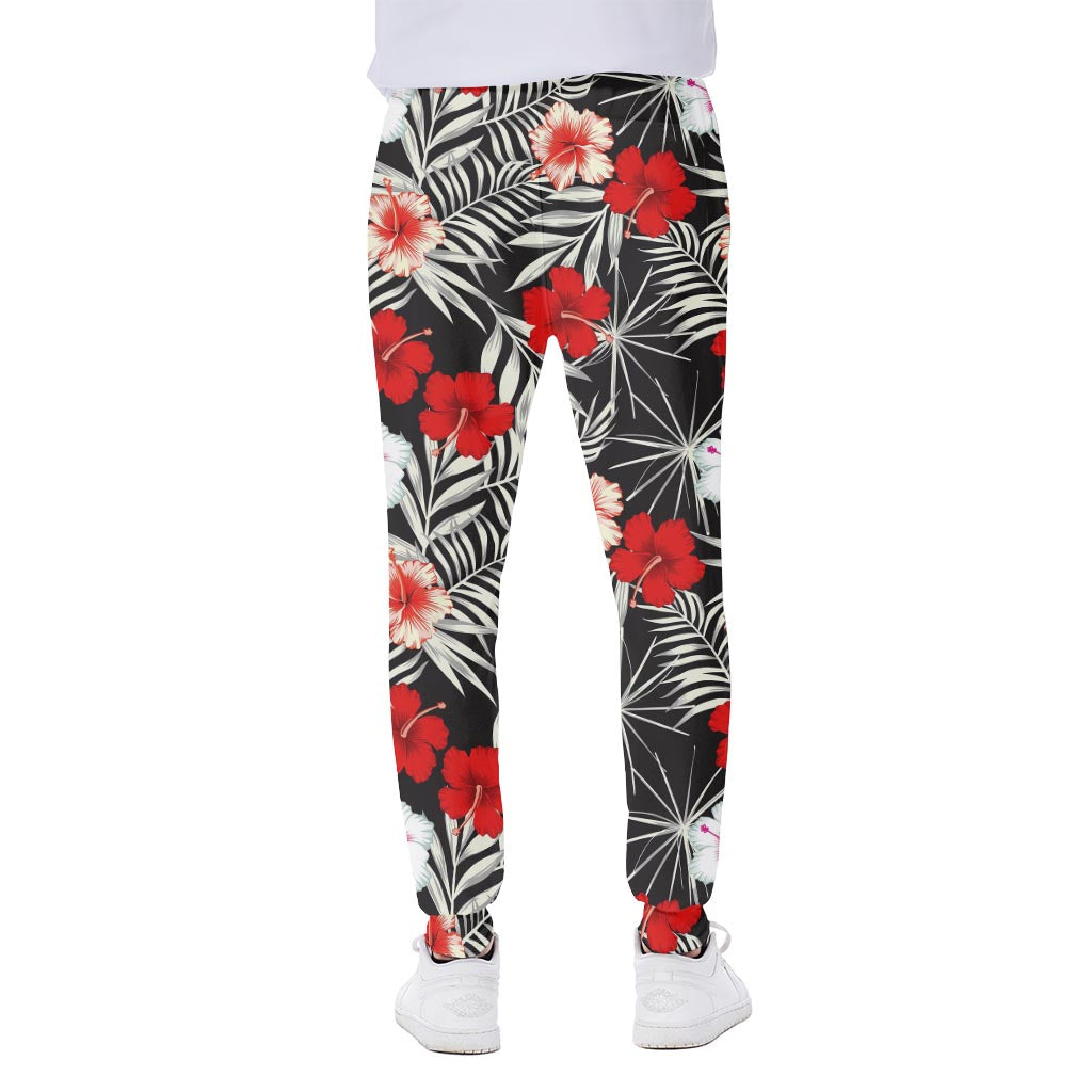 White Tropical Hibiscus Pattern Print Scuba Joggers