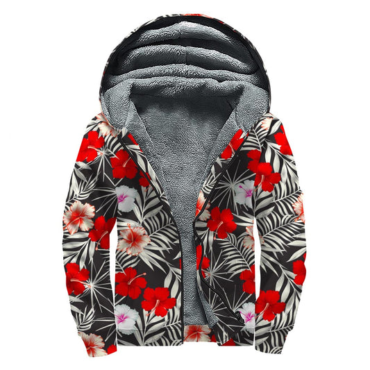 White Tropical Hibiscus Pattern Print Sherpa Lined Zip Up Hoodie