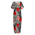 White Tropical Hibiscus Pattern Print Short Sleeve Long Nightdress