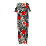 White Tropical Hibiscus Pattern Print Short Sleeve Long Nightdress
