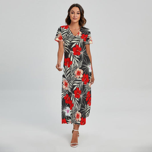 White Tropical Hibiscus Pattern Print Short Sleeve Maxi Dress