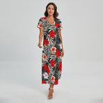 White Tropical Hibiscus Pattern Print Short Sleeve Maxi Dress