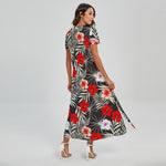 White Tropical Hibiscus Pattern Print Short Sleeve Maxi Dress