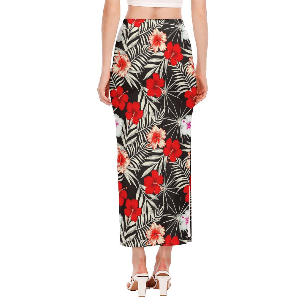 White Tropical Hibiscus Pattern Print Side Slit Maxi Skirt