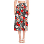 White Tropical Hibiscus Pattern Print Side Slit Midi Skirt