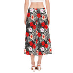 White Tropical Hibiscus Pattern Print Side Slit Midi Skirt