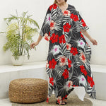 White Tropical Hibiscus Pattern Print Silk V-Neck Kaftan Dress