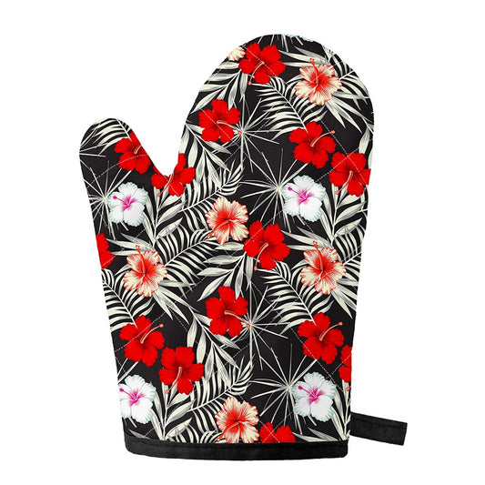 White Tropical Hibiscus Pattern Print Single Oven Mitt
