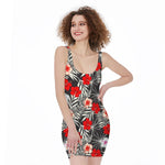 White Tropical Hibiscus Pattern Print Sleeveless Bodycon Dress