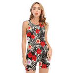 White Tropical Hibiscus Pattern Print Sleeveless One Piece Swimsuit