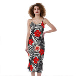 White Tropical Hibiscus Pattern Print Slim Fit Midi Cami Dress