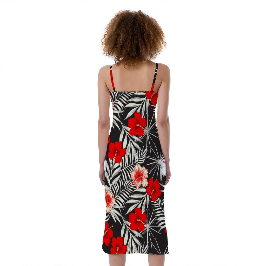 White Tropical Hibiscus Pattern Print Slim Fit Midi Cami Dress