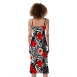 White Tropical Hibiscus Pattern Print Slim Fit Midi Cami Dress