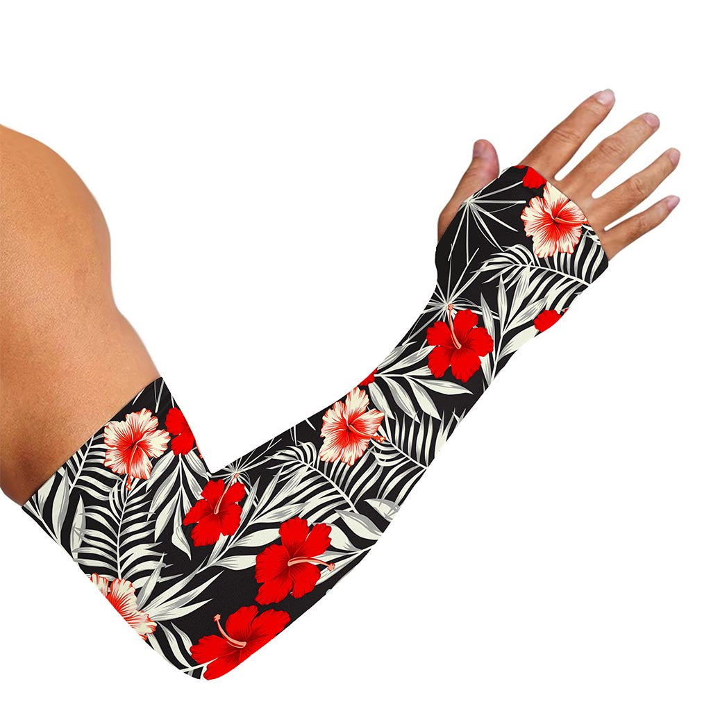 White Tropical Hibiscus Pattern Print Sun Protection Arm Sleeves
