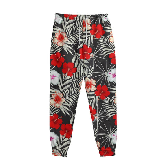 White Tropical Hibiscus Pattern Print Sweatpants