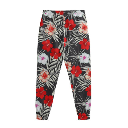 White Tropical Hibiscus Pattern Print Sweatpants