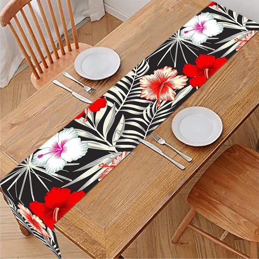 White Tropical Hibiscus Pattern Print Table Runner
