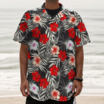 White Tropical Hibiscus Pattern Print Textured Short Sleeve Shirt