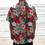 White Tropical Hibiscus Pattern Print Textured Short Sleeve Shirt