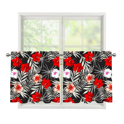 White Tropical Hibiscus Pattern Print Tier Curtains