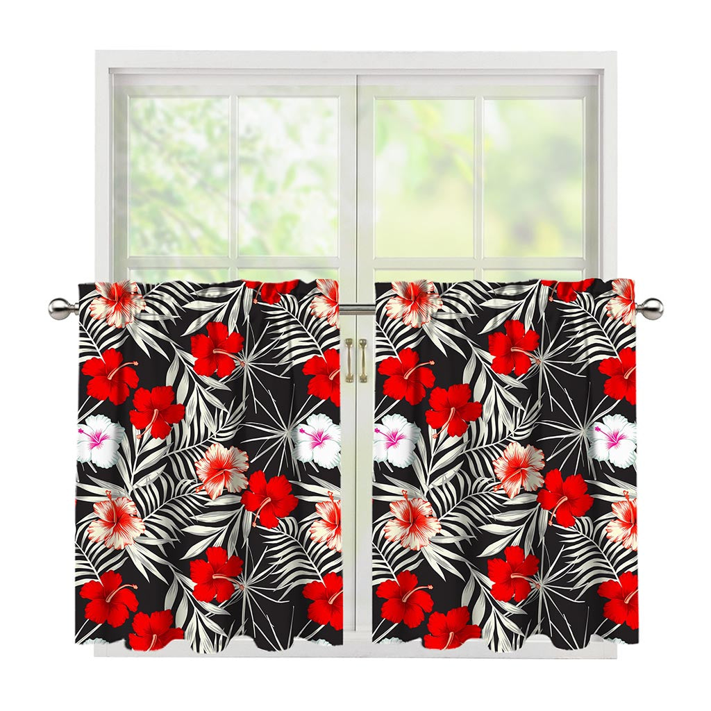 White Tropical Hibiscus Pattern Print Tier Curtains