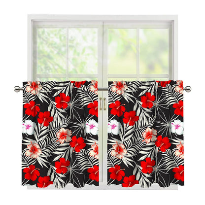 White Tropical Hibiscus Pattern Print Tier Curtains