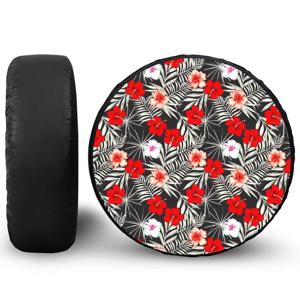 White Tropical Hibiscus Pattern Print Tire Cover