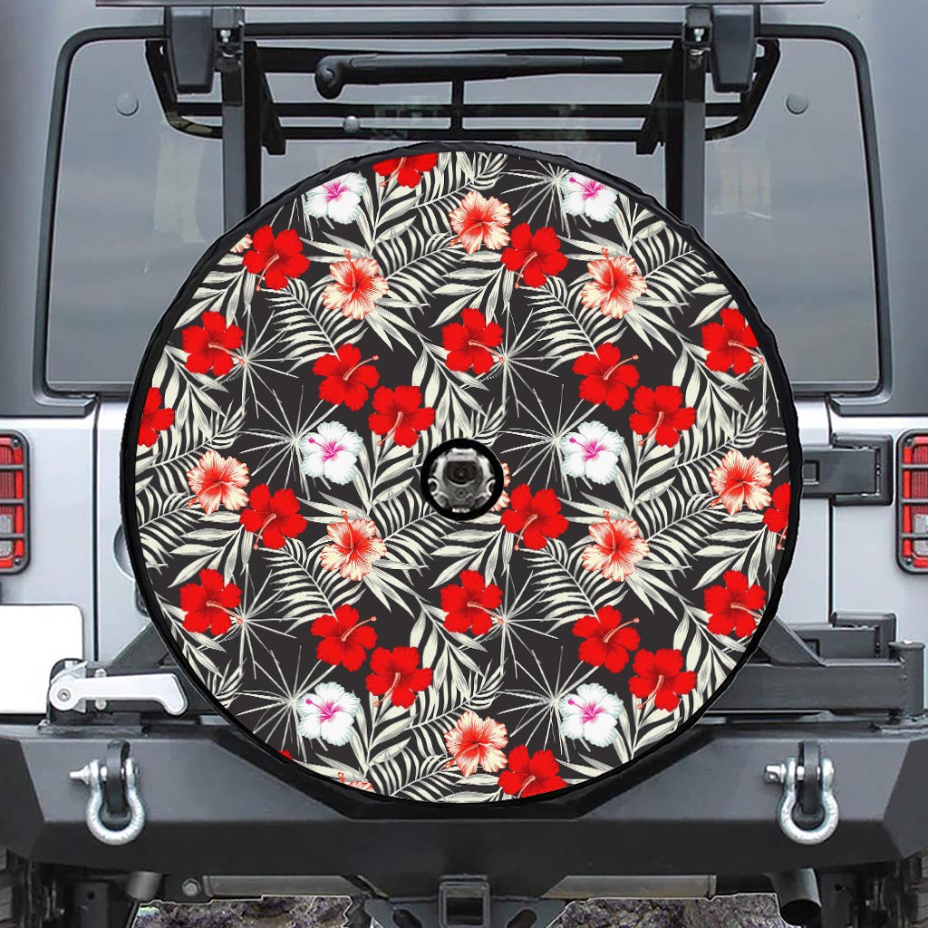 White Tropical Hibiscus Pattern Print Tire Cover With Camera Hole