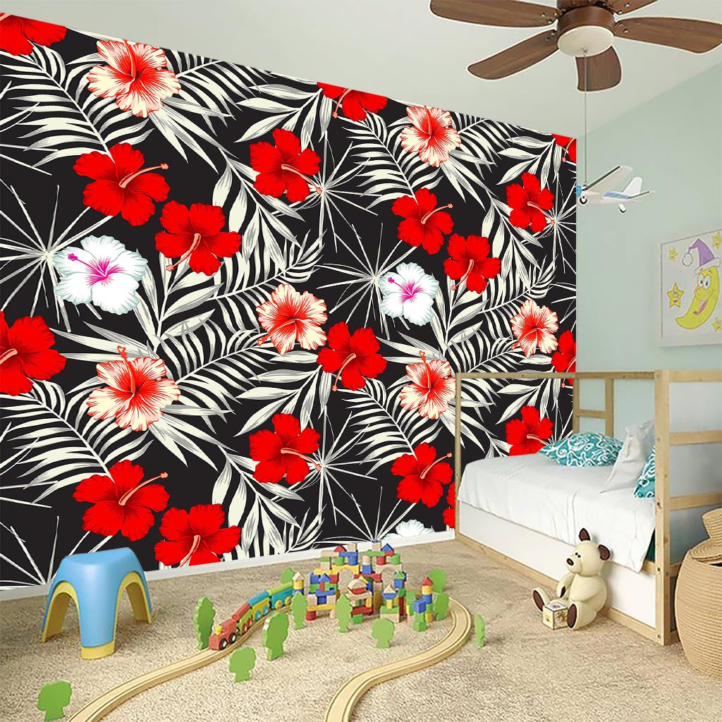 White Tropical Hibiscus Pattern Print Wall Sticker