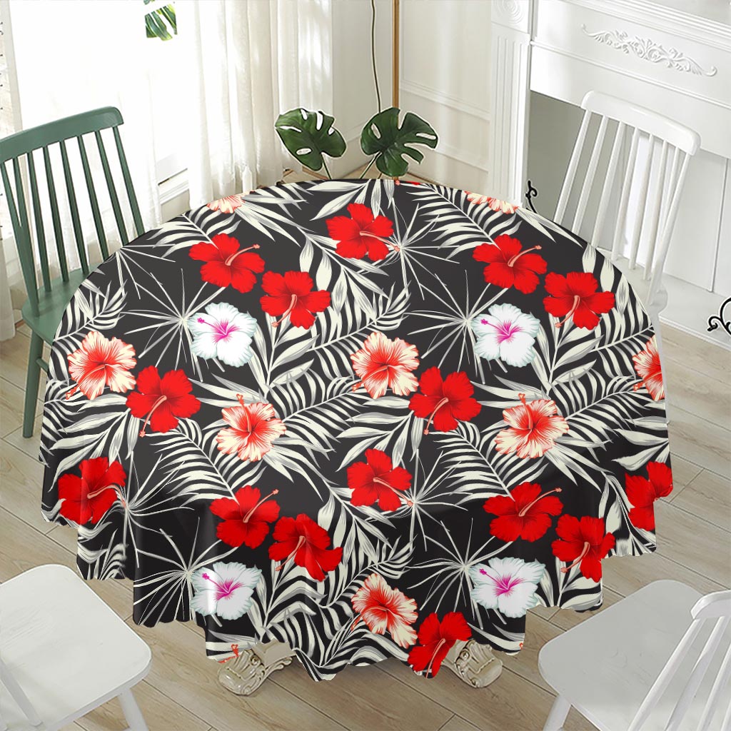 White Tropical Hibiscus Pattern Print Waterproof Round Tablecloth