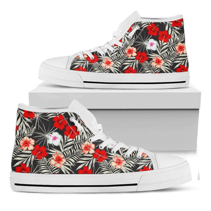 White Tropical Hibiscus Pattern Print White High Top Sneakers