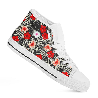 White Tropical Hibiscus Pattern Print White High Top Sneakers