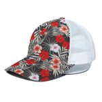White Tropical Hibiscus Pattern Print White Mesh Trucker Cap