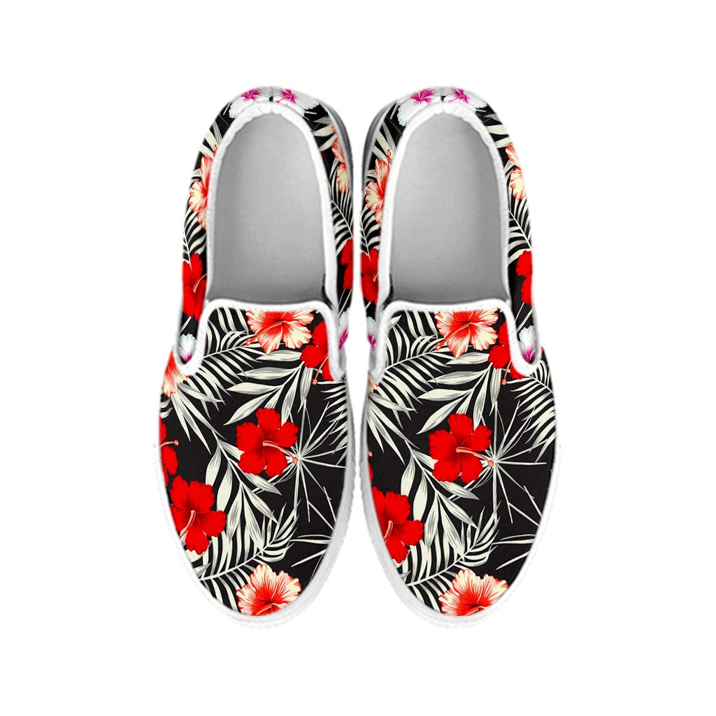 White Tropical Hibiscus Pattern Print White Slip On Sneakers