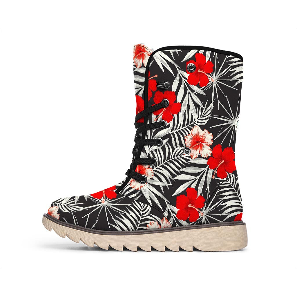 White Tropical Hibiscus Pattern Print Winter Boots