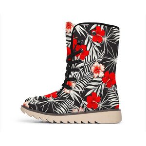 White Tropical Hibiscus Pattern Print Winter Boots