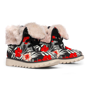 White Tropical Hibiscus Pattern Print Winter Boots