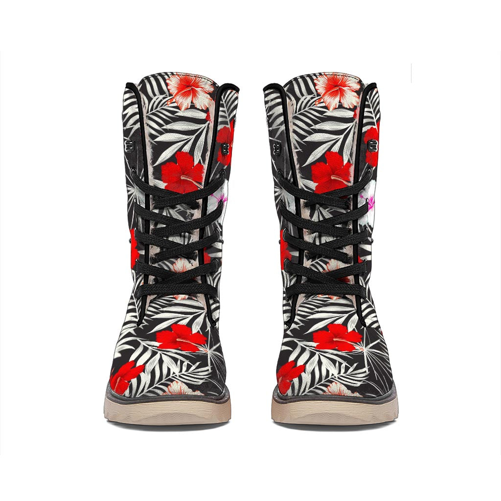 White Tropical Hibiscus Pattern Print Winter Boots