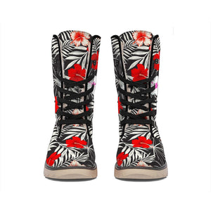 White Tropical Hibiscus Pattern Print Winter Boots