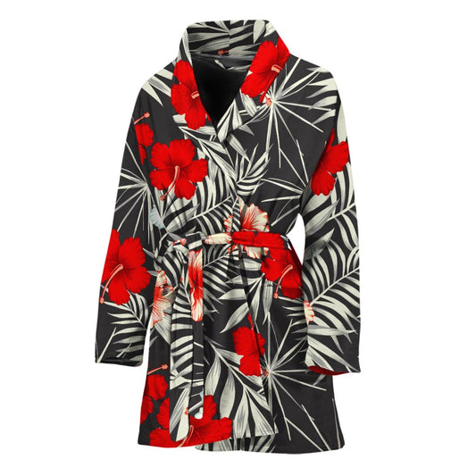 White Tropical Hibiscus Pattern Print Women's Bathrobe