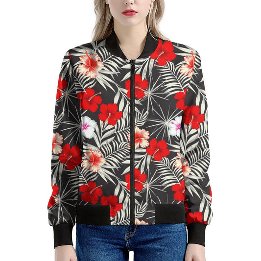 White Tropical Hibiscus Pattern Print Women's Bomber Jacket