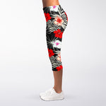 White Tropical Hibiscus Pattern Print Women's Capri Leggings