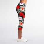 White Tropical Hibiscus Pattern Print Women's Capri Leggings