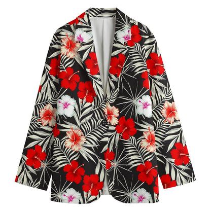 White Tropical Hibiscus Pattern Print Women's Cotton Blazer