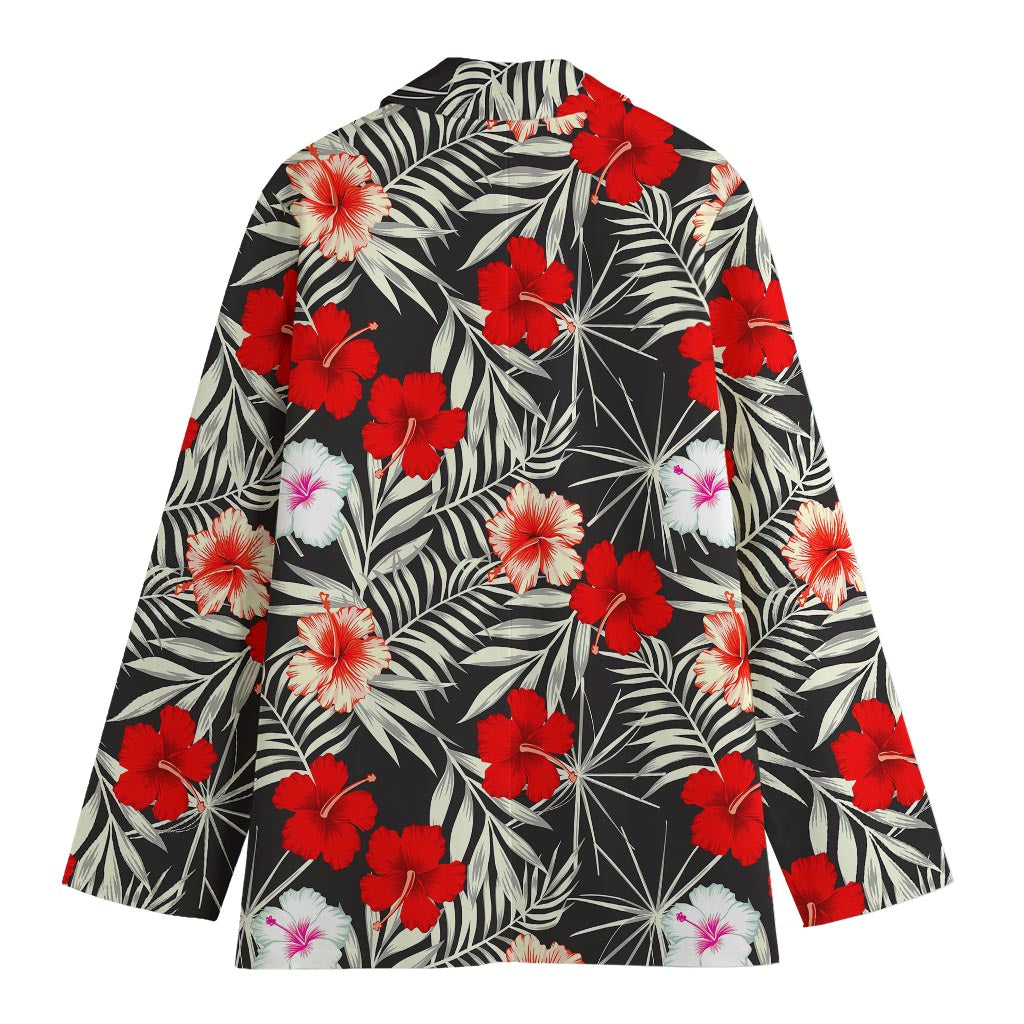 White Tropical Hibiscus Pattern Print Women's Cotton Blazer