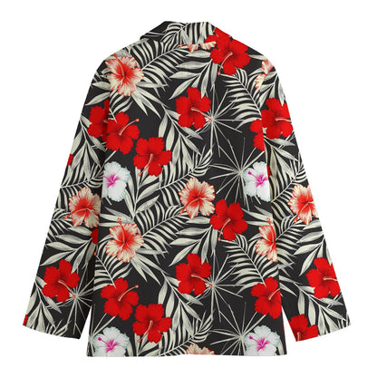 White Tropical Hibiscus Pattern Print Women's Cotton Blazer