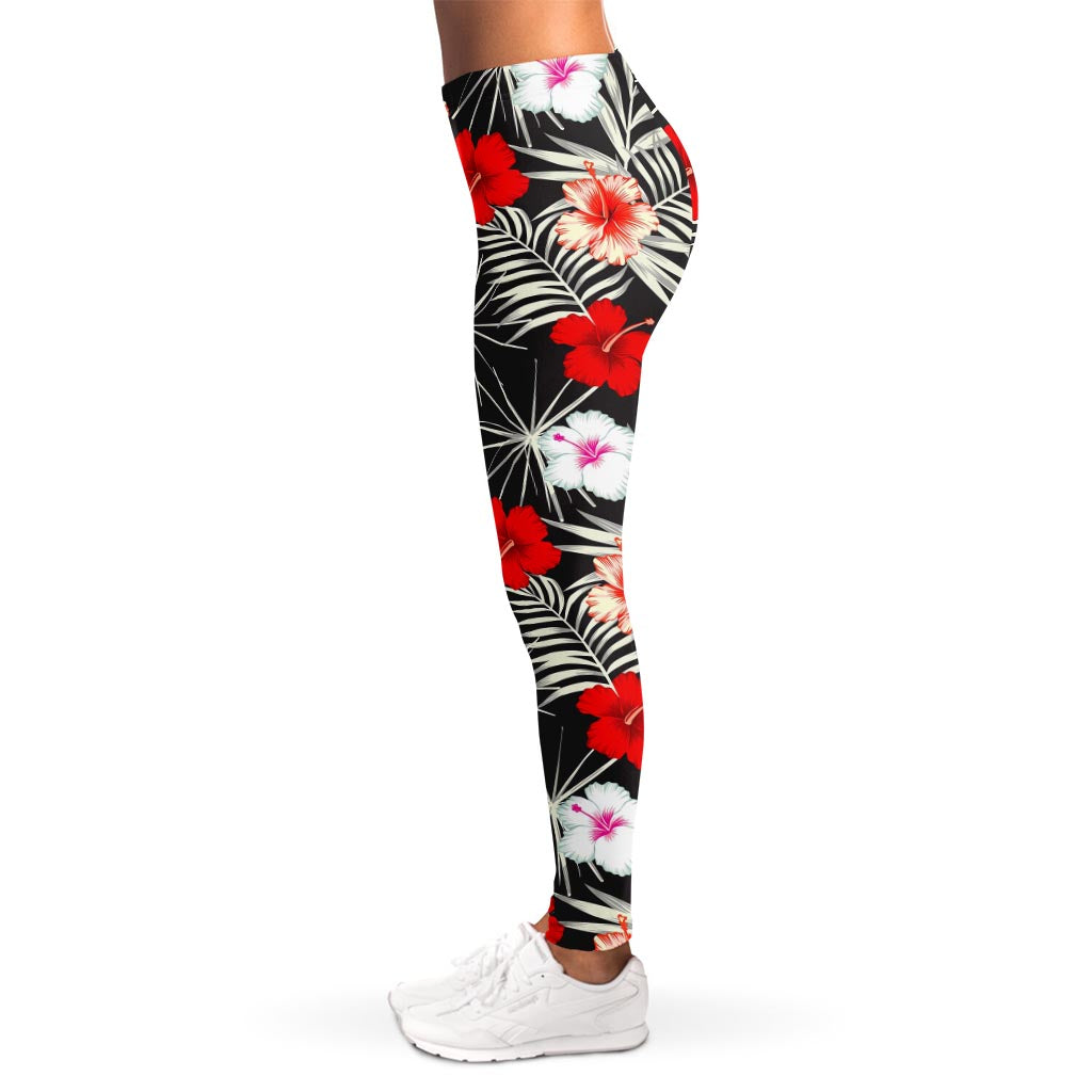 White Tropical Hibiscus Pattern Print Women's Leggings