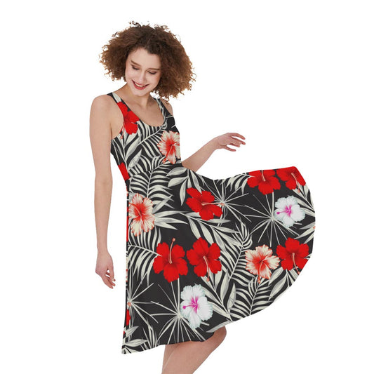 White Tropical Hibiscus Pattern Print Women's Sleeveless Dress